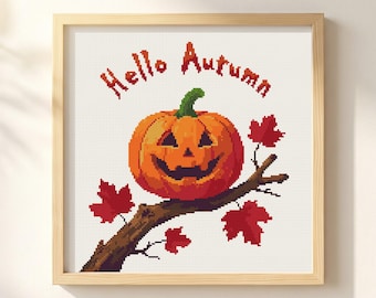 Halloween Cross Stitch Pattern: Maple Leaf Branch, Hello Autumn Jack O Lantern Quote (PDF)