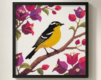 Oriole Bougainvillea Bird Cross Stitch Pattern: Tropical Vine Branch, Magenta Floral Needlepoint Chart (PDF)