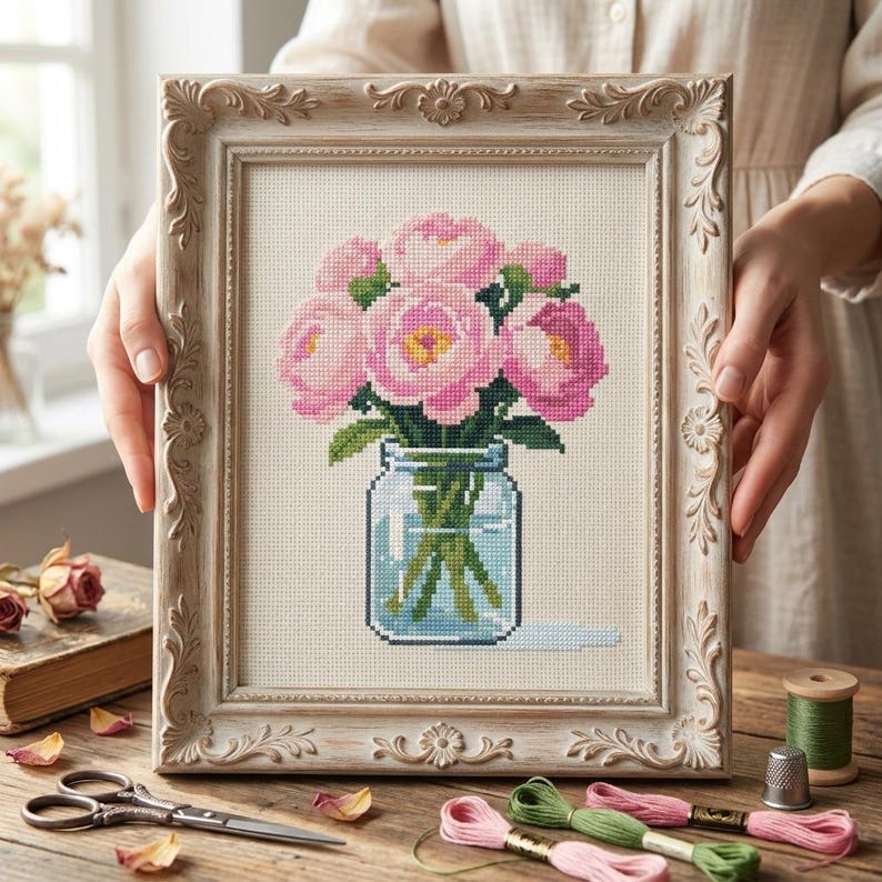 May include: A cross-stitch embroidery piece featuring a bouquet of pink peonies in a light blue glass mason jar. The artwork is displayed in an ornate, distressed light wood frame with intricate carved details along the edges and corners.