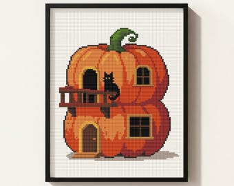Pumpkin House Cross Stitch Pattern: Black Cat Balcony, Spooky Halloween Cottagecore Art (PDF Chart)