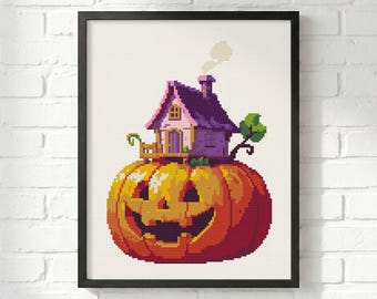 Pumpkin Witch Cottage Cross Stitch Pattern: Halloween Spooky House Portrait, Whimsical Fall Craft (PDF)