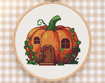 Pumpkin House Cross Stitch Pattern: Halloween Vine Cottage, Whimsical Autumn Folklore Needlepoint (PDF Download)