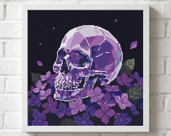 Crystal Skull Hydrangea Cross Stitch Pattern: Gothic Floral Memento Mori Botanical Sampler (PDF Chart)