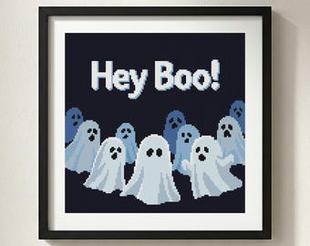Halloween Cross Stitch Pattern: Hey Boo Ghost Gang Typography, Ghostly Gathering Chart (PDF Download)