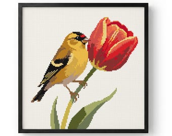 Goldfinch Cross Stitch Pattern: Red Tulip Stem, Spring Wild Bird Needlepoint Chart (PDF)