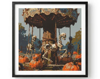 Skeleton Carousel Cross Stitch Pattern: Halloween Pumpkin Sampler, Spooky Carnival Art Square (PDF)