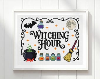 Witching Hour Cauldron Cross Stitch Pattern: Halloween Potion Moon, Wide Border Chart (PDF)