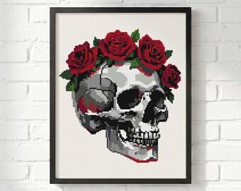 Metallic Skull Rose Cross Stitch Pattern: Gothic Floral Portrait, Dark Romance Halloween Sampler (PDF)