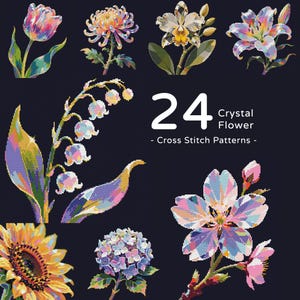 Pode incluir: Uma coleção de 24 padrões de ponto cruz de flores de cristal com ilustrações florais facetadas e coloridas, incluindo uma tulipa, crisântemo, orquídea, lírio, lírio-do-vale, girassol, hortênsia e flor de cerejeira em fundo escuro.