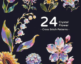 24 Crystal Flower Cross Stitch Pattern Bundle: Motif Geometric Stained Glass Botanical Collection (PDF)