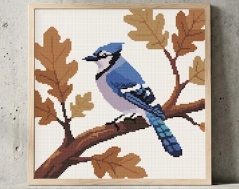 Blue Jay Cross Stitch Pattern: Oak Branch Leaf, Autumn Songbird Wildlife Needlepoint Chart (PDF)