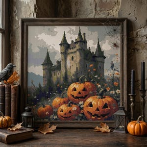 Korsstygnsmönster med hemsökt slott, broderi med Halloween-pumpalapp, kusligt vildblomslandskap (PDF-nedladdning)