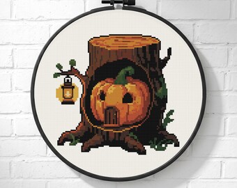 Tiny Pumpkin House Cross Stitch Pattern: Tree Hollow Lantern, Halloween Cottagecore Art (PDF)