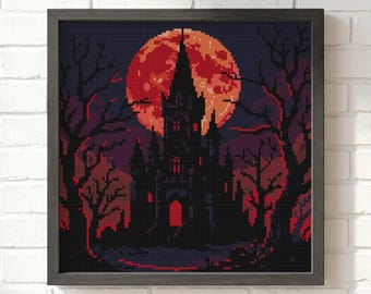 Gothic Castle Cross Stitch Pattern: Spooky Blood Moon, Halloween Bare Tree Sampler (PDF Download)