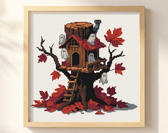 Ghost Treehouse Cross Stitch Pattern: Halloween Maple Leaf Autumn Woods Spooky Portrait (PDF)