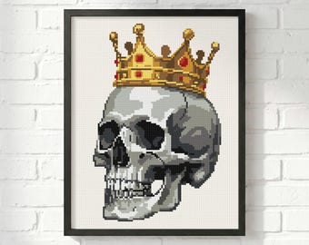 King Skull Cross Stitch Pattern: Gothic Crown Portrait, Halloween Memento Mori Chart (PDF Download)