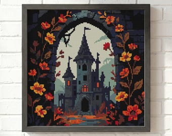 Haunted Castle Cross Stitch Pattern: Spooky Arch Floral, Gothic Halloween Needlework, Autumn Sampler (PDF)