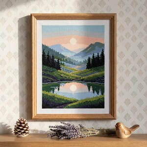 Mountain Lake Landscape Cross Stitch Pattern, Sunset Reflection Pine Forest Wilderness Embroidery (PDF Download)