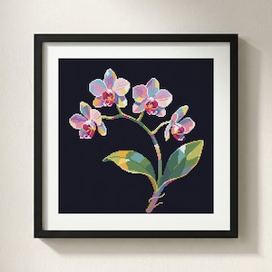 Puede incluir: Una obra de punto de cruz enmarcada que muestra una orquídea pixelada con pétalos multicolores en tonos rosa, azul y amarillo, sobre un fondo azul marino sólido, con hojas verdes en la base, todo dentro de un marco cuadrado de color negro.