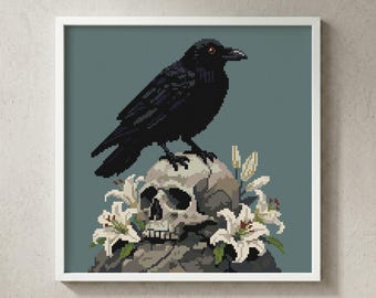 Raven Skull Cross Stitch Pattern: White Lily Floral Chart, Gothic Halloween Needlework (PDF Chart)