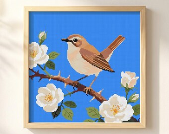 Nightingale Wild Rose Cross Stitch Pattern: White Briar Bramble, Thorny Branch Songbird Chart (PDF)