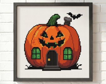 Spooky Pumpkin House Cross Stitch Pattern: Halloween Jack O Lantern Square Embroidery (PDF Download)