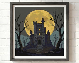 Gothic Castle Cross Stitch Pattern: Full Moon Landscape, Dark Forest Fantasy Chart (PDF Download)