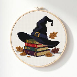Witch Hat Cross Stitch Pattern: Book Stack Autumn Leaf, Halloween Magic Chart (PDF)