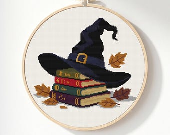 Witch Hat Cross Stitch Pattern: Book Stack Autumn Leaf, Halloween Magic Chart (PDF)