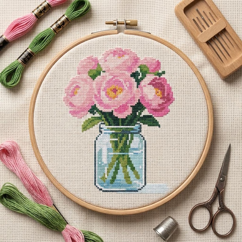 May include: A cross-stitch project in a wooden embroidery hoop featuring a bouquet of pink peonies in a glass mason jar. The kit includes pink and green embroidery floss, a wooden needle case with needles, and metal embroidery scissors.