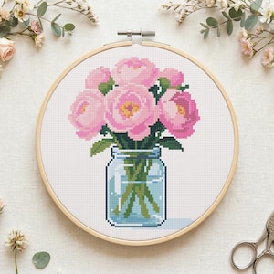 Pink Peony Cross Stitch Pattern: Spring Floral Decor, Romantic Botanical Art (Digital PDF)