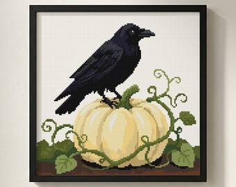 Black Crow White Pumpkin Cross Stitch Pattern: Autumn Vine Leaf, Halloween Bird Chart (PDF)