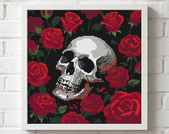 Gothic Skull Red Rose Cross Stitch Pattern: Dark Romance Halloween Needlework, Lover Flowers (PDF)