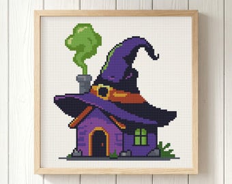 Witch Hat House Cross Stitch Pattern: Halloween Spooky Cottage, Magical Fairytale Art Portrait (PDF)