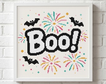Boo Halloween Cross Stitch Pattern: Fireworks Typography, Flying Bat Festival Autumn Design (PDF Download)