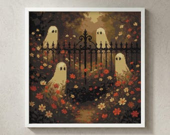 Ghost Cottagecore Garden Cross Stitch Pattern: Autumn Fence Floral, Halloween Square Art Sampler (PDF)