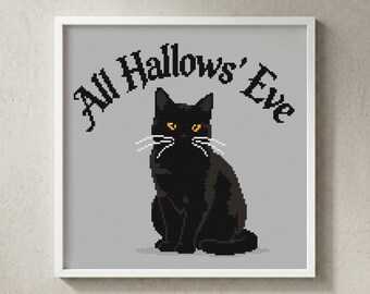 All Hallows Eve Cross Stitch Pattern: Black Cat Quote, Halloween Animal Silhouette Art (PDF)