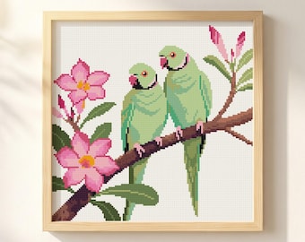 Two Green Parrots Cross Stitch Pattern: Desert Rose Branch, Tropical Bird Floral Chart (PDF)