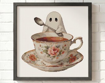 Ghost Teacup Cross Stitch Pattern: Halloween Spooky Rose Spoon Floral Sampler (PDF)