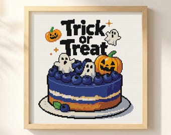 Trick or Treat Cross Stitch Pattern: Blueberry Cake Typography, Ghost Pumpkin Holiday Chart (PDF)