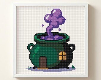 Witch Cauldron House Cross Stitch Pattern: Halloween Spooky Cottage, Magical Fairytale Art Portrait (PDF)