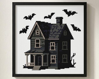 Haunted Victorian House Cross Stitch Pattern: Spooky Bat Halloween, Small Gothic Mansion Chart (PDF)