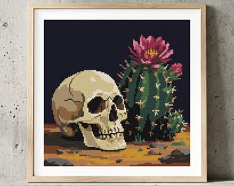 Skull Cross Stitch Pattern: Cactus Flower Blooming, Halloween Goth Craft Chart (PDF Download)
