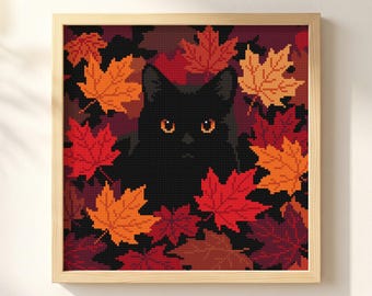 Black Cat Cross Stitch Pattern: Maple Leaves Foliage, Autumn Animal Needlepoint Chart (PDF Download)