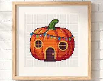 Pumpkin House Cross Stitch Pattern: Fairy Lights Cottage, Halloween Whimsical Small Embroidery (PDF Download)