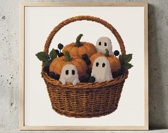 Ghost Pumpkin Basket Cross Stitch Pattern: Halloween Spooky Autumn Blackberry Sampler Hoop Art (PDF)