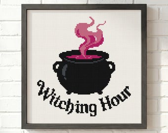 Witching Hour Cauldron Cross Stitch Pattern: Pink Smoke Typography, Halloween Witch Magic Cauldron (PDF)