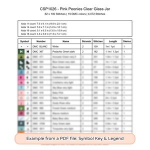 May include: A cross stitch pattern chart titled CSP1026 - Pink Peonies Clear Glass Jar. The document displays a symbol key and legend with 19 DMC colors, stitch counts, and fabric dimensions for Aida 11, 14, 16, and 18 count cloth.