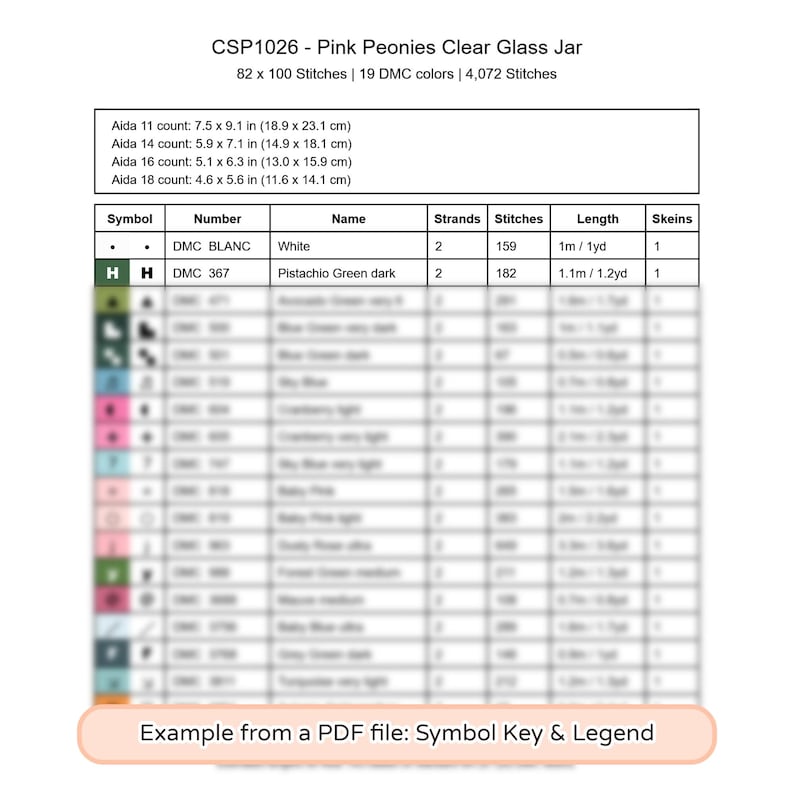 May include: A cross stitch pattern chart titled CSP1026 - Pink Peonies Clear Glass Jar. The document displays a symbol key and legend with 19 DMC colors, stitch counts, and fabric dimensions for Aida 11, 14, 16, and 18 count cloth.