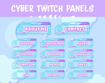 Paneles futuristas de neón para Twitch: kit de 28 superposiciones digitales para transmisiones | Recursos retro para streamers | Descarga instantánea